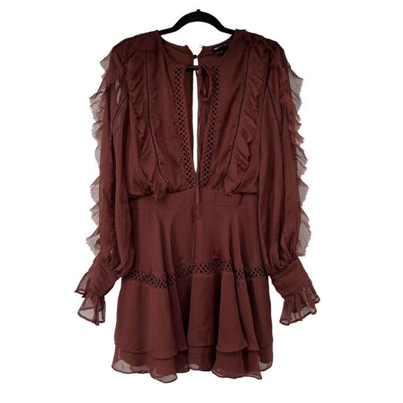 ASOS Dresses & Skirts - Asos Design Brown Lace Ruffle Long Sleeve Mini Dress
